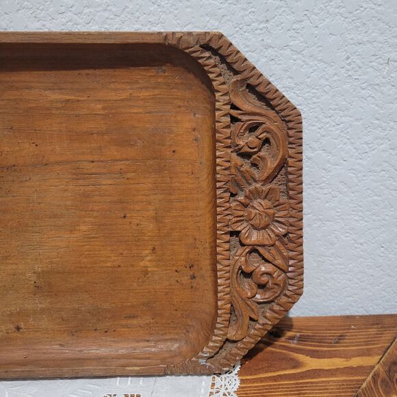 Vtg hand carved wooden serving tray with floral motif MCM India Mid Century - Picture 2 of 9